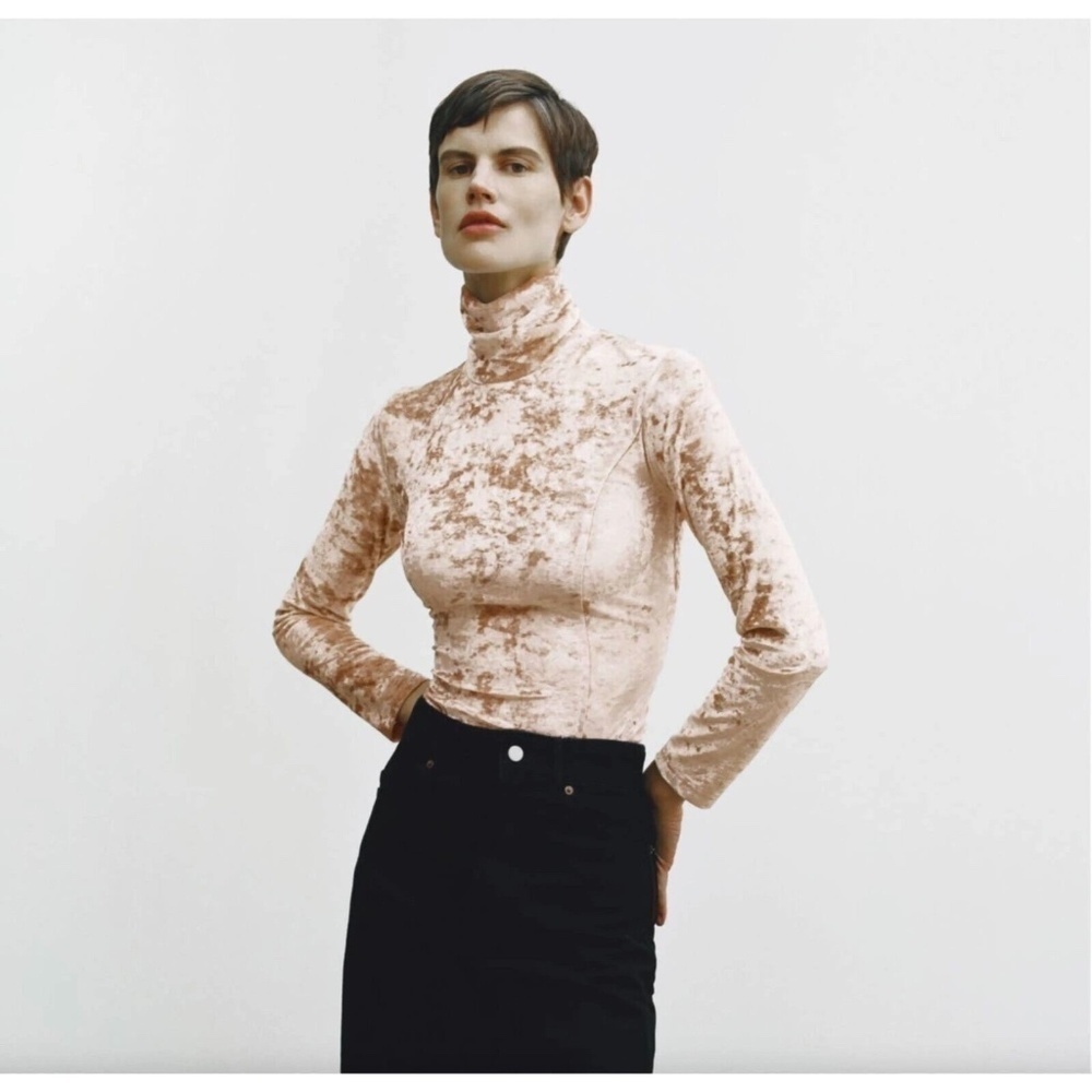 ZARA Velvet High Neck Bodysuit Top‎ Champagne Ecru Fitted Snaps Party X-Small